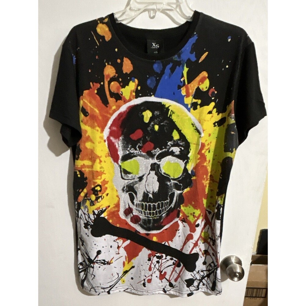 XS Unisex Size L Black Skull Rhinestone Graphic Tee Crew Neck Cotton Poly Knit